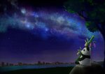 anthro bamboo black_body black_fur chibi city detailed_background fur milky_way night outside plant sitting sky smile solo star starry_sky tree water white_body white_fur araru tanabata bear giant_panda mammal 2019