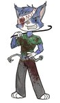 3_fingers 3_toes 4_arms 4_fingers anthro bandage bandaged_eye beady_eyes biped blood blood_on_clothing blood_on_eye blood_on_face blood_on_fur bodily_fluids bottomwear cheek_tuft clothed clothing crowbar facial_tuft feet fingers fur green_clothing green_shirt green_topwear grey_bottomwear grey_clothing grey_pants grin hand_on_hip head_tuft holding_crowbar male markings multi_arm multi_limb pants shirt smile solo standing t-shirt tailless toes tools topwear tuft white_markings unknown_artist ruby_quest tom_(rq) domestic_cat felid feline felis mammal traditional_media_(artwork)