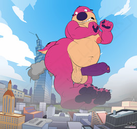 anthro balls building building_destruction destruction detailed_background fur genitals macro male overweight paws penis pink_body pink_fur purple_nose purple_penis skyscraper solo thewilldpink jeffrey_taggart hyena mammal hi_res watermark