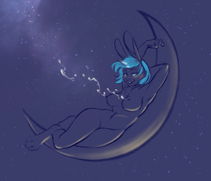 blue_hair blush bodily_fluids breast_milking breasts female genitals hair lactating looking_at_viewer lying milk milky_way moon nude on_side sky smile space star vulva nyxapnea kat_(disnomia) lagomorph leporid mammal rabbit colored_sketch sketch