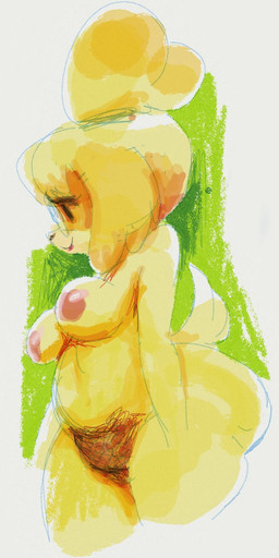 anthro areola big_butt blonde_hair breasts butt female green_background hair no_hands nude nude_anthro painterly pubes simple_background smile solo tail yellow_body sunibee animal_crossing nintendo isabelle_(animal_crossing) canid canine canis domestic_dog mammal hi_res