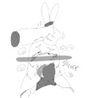 anthro blush bodily_fluids dizzy drooling duo ear_pull female genital_fluids hands_on_legs knot lagomorph leporid male male/female mammal monochrome pepperchan pickle_(disambiguation) pickles(pppr) precum rabbit saliva sound_effects