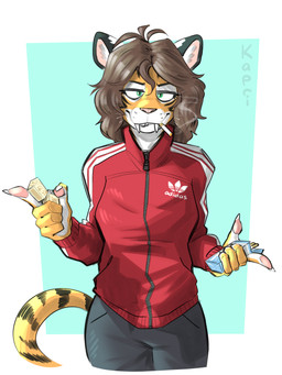 adidas_logo cigarette clothing female lighter solo stripes tracksuit kapri alex_marx felid feline mammal pantherine tiger 3:4 absurd_res hi_res
