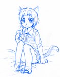 anthro blush bottomwear clothing female looking_at_viewer pawpads ribbons simple_background skirt smile solo whiskers white_background sekken_(artist) ghibli the_cat_returns haru_yoshioka domestic_cat felid feline felis mammal 2014 hi_res monochrome sketch