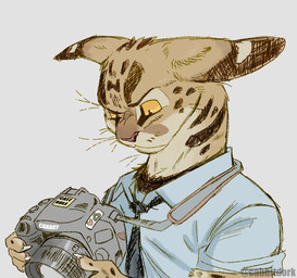 accessory ambiguous_gender anthro brown_body brown_fur camera clothing collared_shirt dress_shirt eyebrows floppy_ears fur holding_object markings narrowed_eyes necktie pointy_ears raised_eyebrow shirt simple_background solo spots spotted_body spotted_fur striped_markings stripes topwear whiskers yellow_eyes cabbitdork unnamed_character felid feline mammal bust_portrait digital_drawing_(artwork) digital_media_(artwork) hi_res portrait watermark