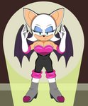 annoyed anthro arms_above_head big_breasts boots breasts cleavage clothed clothing female footwear gloves half-closed_eyes handwear high_heeled_boots high_heels looking_at_viewer narrowed_eyes shoes solo wings imightbemick sega sonic_the_hedgehog_(series) rouge_the_bat bat mammal hi_res