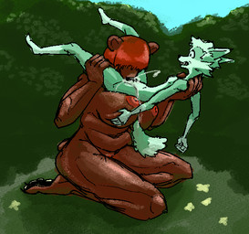 anthro big_breasts bodily_fluids breast_grab breasts countershading cum cum_in_mouth cum_inside dominant dominant_female duo feet fellatio female fur genital_fluids green_body green_fur hair hand_on_breast holding_partner larger_female male male/female nipples oral pawpads paws penile red_hair sex size_difference smaller_male tail hieronymusjohnson bear canid canine mammal aliasing binary_drawing digital_drawing_(artwork) digital_media_(artwork)