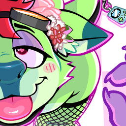 accessory all_fours anthro armwear blush blush_lines butt clothing dipstick_ears ear_markings eyewear eyewear_on_head fishnet_armwear fishnet_clothing flower flower_crown fur goggles goggles_on_head green_body green_fur half-closed_eyes heart_eyes heart_symbol horn looking_at_viewer male markings multicolored_ears narrowed_eyes plant pokemon_mini solo teal_ear_tips teal_nose tongue tongue_out nixxxbot russelbuck_(copyright) russelbuck_(character) canid canine canis deer domestic_dog hybrid mammal 1:1 absurd_res hi_res