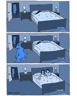 awake bed bedding bedroom blanket butt camera camera_view door duo female furniture horn humor lamp male male/female not_furry pillow plant plant_pot potted_plant rear_view sleeping twerking beetlemoses demon human mammal 4:5 comic hi_res