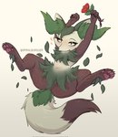 anthro biped blush breasts brown_body female flower fur green_body green_eyes green_fur heart_symbol leaf looking_at_viewer lying navel on_back pawpads plant rose_(flower) solo spread_legs spreading spiralburguer nintendo pokemon braixen elemental_creature flora_fauna generation_6_pokemon mammal pokemon_(species) hi_res