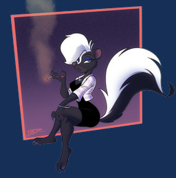 3_toes anthro barefoot big_tail biped bottomwear cigarette claws clothing colored_nails countershade_feet countershading dress feet female fluffy fluffy_tail huge_tail jacket makeup nails painted_claws simple_background skirt smoke smoking solo tail toes topwear teer courtney_brushmarke mammal mephitid skunk striped_skunk 2017 alpha_channel hi_res