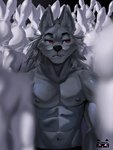 abs anthro biceps black_body black_fur bottomwear clothing fur group hair male muscular muscular_male nipples pants pecs red_eyes shirtless_male standing white_body white_fur lumii i_think_i_like_you leon_(i_think_i_like_you) sky_(i_think_i_like_you) canid canine canis lagomorph leporid mammal rabbit wolf absurd_res hi_res