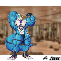 anthro biceps big_muscles blue_body claws clothing countershading flexing flexing_bicep gloves hair hand_behind_head handwear horn huge_muscles jewelry male markings muscular muscular_male pecs pendant photo_background solo speedo standing swimwear tail text vein white_hair pirin-apex ponyanony bandai_namco digimon digimon_(species) exveemon 1:1 hi_res mixed_media photography_(artwork) signature url