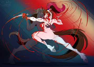 anthro blood bodily_fluids breasts dagger dancing death duo female fluffy fur glowing love male melee_weapon muscular nipples nude open_mouth slightly_chubby smile thick_thighs weapon sunny_way steven_saidon sunny_way_(character) equid equine horse mammal hi_res