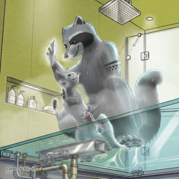 anatomically_correct anatomically_correct_genitalia anatomically_correct_penis animal_genitalia animal_penis anthro arm_tattoo bodily_fluids cum cum_inside duo facial_markings genital_fluids genitals head_markings male male/male markings penis raccoon_penis shower size_difference tattoo zander_the_raccoon tosk_(character) zander_(character) mammal procyonid raccoon rodent sciurid tree_squirrel 1:1