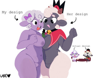 anthro areola bell bell_collar big_breasts big_butt black_eyes breast_squish breasts brown_horn buckteeth butt collar crown duo ears_down female fur genitals grey_body grey_fur headgear horn navel nipples nude open_mouth pink_nose pivoted_ears purple_areola purple_body purple_bow purple_fur purple_nipples simple_background squish teeth text thick_thighs vulva white_background white_body white_fur wide_hips taru_berry cult_of_the_lamb happy_tree_friends massive_monster_(studio) lamb_(cult_of_the_lamb) red_crown_(cult_of_the_lamb) bovid caprine mammal sheep english_text hi_res