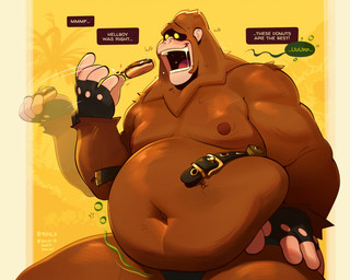 anthro belly big_belly bloated brown_body brown_fur burping dessert dialogue doughnut eating food fur male open_mouth overweight overweight_male pastry rumbling_stomach solo stuffing text weight_gain yoink_0 ape gorilla haplorhine mammal primate hi_res