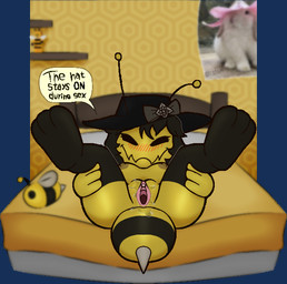 antennae_(anatomy) anthro arthropod_abdomen bed bedroom black_hair blush blush_lines bodily_fluids breasts butt clothing dialogue female furniture genital_fluids genitals hair hat hat_only headgear headgear_only headwear headwear_only holding_both_legs holding_legs_up leg_markings legs_up looking_at_viewer lying lying_on_bed markings mostly_nude nipples nude on_back on_bed poster presenting presenting_vulva shelf socks_(marking) solo speech_bubble spread_legs spreading stinger talking_to_viewer text vaginal_fluids vulva yellow_body darli_buni arthropod bee hymenopteran insect lagomorph leporid mammal rabbit alpha_channel digital_media_(artwork) english_text