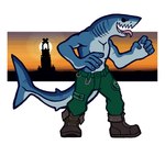 5_fingers anthro blue_body bottomwear brown_clothing brown_footwear brown_shoes clothing countershading fingers footwear gills green_bottomwear green_clothing green_pants grey_body grey_countershading long_pants male open_mouth pants plantigrade shirtless shoes smile solo standing tongue tongue_out snarkysardine fish mackerel_shark mako_shark marine shark white_shark 2015 full-length_portrait hi_res portrait