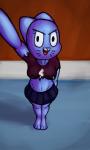 2017 absurd_res anthro barefoot biped blue_body blue_fur bottomwear bra breasts cartoon_network clothed clothing digital_media_(artwork) domestic_cat feet felid feline felis female fur hi_res looking_at_viewer mammal mature_anthro mature_female navel nicole_watterson open_mouth panties raised_arm selfie shirt simple_background skirt sluzzle_tag solo standing t-shirt the_amazing_world_of_gumball topwear torn_clothing underwear unknown_artist whiskers