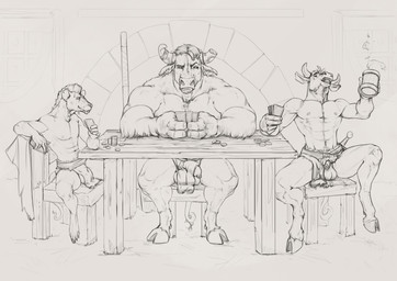 anthro balls bottomwear card chair clothed clothing container cup flaccid foreskin front_view furniture genitals group holding_container holding_cup holding_mug holding_object hooves humanoid_genitalia humanoid_penis inside loincloth looking_aside male male_anthro mouth_closed mug muscular muscular_anthro muscular_male narrowed_eyes navel nipples penis playing_card sitting size_difference table topless trio satanic_monkey bovid bovine cattle mammal murid murine rat rodent absurd_res hi_res monochrome