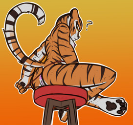 anthro anus bare_breasts bikini_thong breasts brown_pawpads butt clothed clothing clothing_pull countershading crossed_legs crosslegged_pose dipstick_tail female furniture genitals looking_back low-angle_view markings nipples orange_body orange_eyes panties partially_clothed pawpads pink_anus pink_nipples pink_vulva question_mark rear_view red_clothing red_thong red_underwear sitting small_breasts solo stool stripes swimwear tail tail_markings thong thong_pull underwear underwear_pull vulva white_tail_tip white_vulva snowxwx dreamworks kung_fu_panda master_tigress felid feline mammal pantherine tiger hi_res