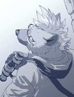anthro binoculars bottomwear clothed clothing eyewear fur glasses hair high-angle_view holding_binoculars holding_object hoodie looking_at_viewer male pants solo teeth topwear sakuhuu lifewonders live_a_hero roiker hyena mammal spotted_hyena 2025 2026 hi_res