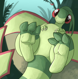 ambiguous_gender anthro back_wings biped black_eyes claws countershade_face countershade_torso countershading day feet foot_focus green_body heart_symbol looking_at_viewer lying nude on_back outside plant solo tan_body tan_countershading toe_claws wings fuf nintendo pokemon flygon generation_3_pokemon pokemon_(species) 2018 hi_res