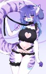 anthro big_tail black_clothing black_lingerie blue_hair blush breasts cleavage_cutout clothed clothing collar cutout ear_piercing female fur gradient_hair hair holding_own_leash industrial_piercing kemono leash leashed_collar lingerie markings midriff navel open_mouth piercing purple_body purple_fur purple_hair simple_background solo standing striped_markings stripes tail white_body white_fur fredek666 lily_(crystalscar) felid feline mammal digital_media_(artwork) digital_painting_(artwork) hi_res portrait shaded three-quarter_portrait