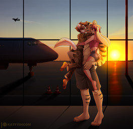 4_toes aircraft airplane anthro barefoot biped bottomwear clothed clothing detailed_background feet female fully_clothed group hug male patreon_logo plantigrade shorts soles standing sun sunset toes traffic_cone trio vehicle katfishcom patreon felid feline lagomorph leporid mammal rabbit 2021 digital_media_(artwork) shaded