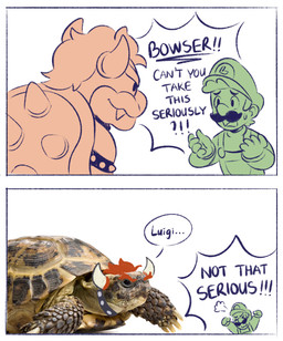 2_horns 2_panel_comic 4_toes 5_fingers alternate_species anthro armband arms_bent asking asking_another black_collar blue_armband blue_collar blue_eyebrows blue_eyes blue_facial_hair blue_line_art blue_mustache bodily_fluids brown_body brown_scales brown_shell button_(fastener) closed_smile clothed clothed_human clothed_male clothing collar curved_horn dialogue dot_eyes duo exclamation_point eye_contact eyebrows eyes_closed facial_hair fangs feet feral feralized fingers fist fully_clothed fully_clothed_human fully_clothed_male gloves green_body green_clothing green_gloves green_hair green_handwear green_hat green_headwear green_mittens green_overalls green_shirt green_skin green_topwear hair handwear hat headgear headwear horn king looking_at_another male male_anthro male_feral male_human mittens mouth_closed mustache name_drop name_in_dialogue orange_body orange_eyebrows orange_hair orange_horn orange_shell orange_spikes overalls pockets question_mark royalty scales shell shirt short_hair simple_background simple_eyes smile smiling_at_another smiling_at_partner spiked_shell spikes spikes_(anatomy) standing studded_armlet studded_collar studs sweat sweatdrop teeth text thick_eyebrows toes topwear yelling yelling_at_another didy414 mario_bros nintendo too_serious bowser luigi human koopa mammal reptile scalie tortoise turtle 2025 artist_name colored colored_line_art comic digital_drawing_(artwork) digital_media_(artwork) english_description english_text hi_res meme