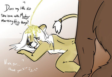 anthro bdsm blush bodily_fluids duo female flat_chested genital_fluids golden_shower humiliation male male/female master nipples nude peeing peeing_on_another petplay roleplay text urine urine_on_head urine_stream watersports young young_anthro dieff canid canine felid lion mammal pantherine english_text hi_res