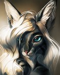 ambiguous_gender black_body black_fur blue_eyes eyebrows eyelashes fur hair simple_background smile solo whiskers white_hair safiru domestic_cat felid feline felis mammal 2022 bust_portrait digital_media_(artwork) headshot_portrait hi_res portrait