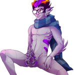 alien_genitalia animal_genitalia black_hair blood blue_scarf bodily_fluids claws clothing colored_blood erection eyewear genital_slit genitals gills glasses grubscars hair horn humanoid_pointy_ears looking_aside male membrane_(anatomy) mostly_nude nipples not_furry nude pattern_clothing pattern_scarf penis pointy_ears purple_blood purple_eyes purple_hair rectangular_glasses scarf scarf_only sharp_teeth simple_background sitting solo spread_legs spreading striped_clothing striped_scarf stripes teeth unusual_anatomy unusual_blood unusual_bodily_fluids unusual_genitalia unusual_penis webbed_hands white_background yellow_claws yellow_sclera helaviskrew homestuck ms_paint_adventures eridan_ampora alien alien_humanoid humanoid troll_(homestuck) hi_res