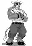 5_fingers anthro belt bottomwear bracelet chest_tuft clothed clothing cloven_hooves eye_scar facial_scar fingers fully_clothed hooves horn jewelry male muscular muscular_anthro muscular_male pants scar shirt simple_background solo standing tank_top topwear tuft white_background curtis_wuedti bovid bovine cattle mammal 2018 greyscale hi_res monochrome sketch