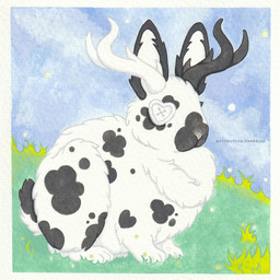 ambiguous_gender antlers button_(fastener) button_eyes chest_tuft cloud detailed_background dewlap_(anatomy) feral fur grass heterochromatic_horns horn markings multicolored_body multicolored_fur plant solo spots spotted_markings tuft hottmutton jackalope lagomorph leporid mammal rabbit gouache_(artwork) hi_res painting_(artwork) traditional_media_(artwork) traditional_painting_(artwork)