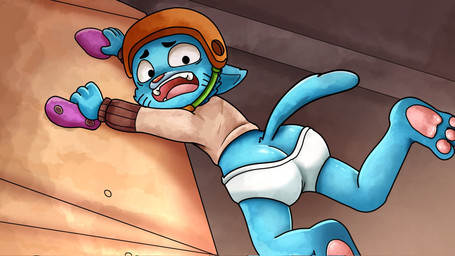 4_fingers anthro armor blue_body blue_fur briefs butt butt_cleavage climbing clothed clothing embarrassed fingers fur headgear helmet male pantsless pantsless_anthro pantsless_male pawpads paws rock_wall scene_reference solo sweater tail tighty_whities topwear underwear white_briefs white_clothing white_underwear young young_anthro young_male flickerfur cartoon_network the_amazing_world_of_gumball gumball_watterson domestic_cat felid feline felis mammal 16:9 hi_res widescreen