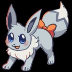 2018 blue_eyes blush bow_ribbon digital_media_(artwork) eevee eyelashes female feral flavia-elric fluffy fluffy_tail fur generation_1_pokemon grey_body grey_fur hi_res looking_at_viewer neck_tuft nintendo open_mouth open_smile pokemon pokemon_(species) pupils quadruped shiny_pokemon smile solo standing tail tongue tuft