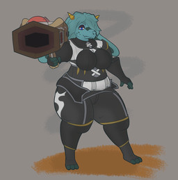 anthro armor big_breasts big_butt big_ears blue_body blue_eyes blue_hair breasts butt clothed clothing eyeshadow female fingerless_gloves floppy_ears gloves hair hair_over_eye half-closed_eyes handwear huge_thighs looking_at_viewer lop_ears makeup markings narrowed_eyes non-mammal_breasts overweight simple_background slightly_chubby slightly_chubby_anthro slightly_chubby_female snout solo spots spotted_markings thick_thighs weapon wide_hips crispymutton atlyss kobold kubold_(atlyss) scalie hi_res