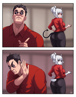 5_fingers anthro black_hair breasts butt clothed clothing duo eyewear female fingers fully_clothed hair horn looking_back male markings mole_(marking) mole_under_eye red_eyes side_boob spade_tail sunglasses tail white_hair jmg helltaker goat_lucifer_(helltaker) lucifer_(helltaker) protagonist_(helltaker) bovid caprine demon goat human humanoid mammal 2020 hi_res meme