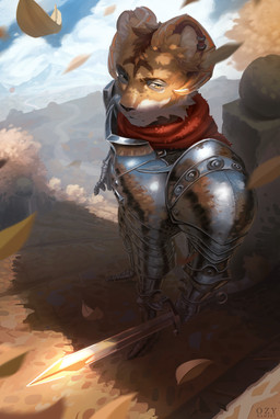 anthro armor biped clothed clothed_anthro clothed_male clothing cloud day fingers fur horn looking_at_viewer male melee_weapon outside piercing sky solo sword weapon o.z.y. mammal 2026 digital_drawing_(artwork) digital_media_(artwork) hi_res