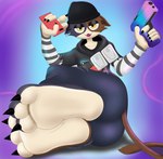 3_toes 5_fingers anthro bad_trigger_discipline barefoot beanie black_beanie black_clothing black_hat black_headwear black_hoodie black_topwear blue_bottomwear blue_clothing blue_pants bottomwear butt cellphone claws clothing countershade_feet countershading cute_fangs ear_piercing electronics fangs feet feet_together female finger_claws fingers fish_hook fish_hook_piercing foot_fetish foot_focus fur furgonomics glistening_eyelids gradient_background grey_body gun handgun hat headgear headwear hindpaw holding_cellphone holding_gun holding_object holding_phone holding_ranged_weapon holding_smartphone holding_weapon hoodie hook humanoid_feet lidded_eyes looking_at_viewer mottled multicolored_body multicolored_fur nails open_mouth open_smile pants paws phone piebald piercing plantigrade ranged_weapon rear_view ring_piercing simple_background smartphone smile smiling_at_viewer soles solo tail tail_clothing tan_body tan_soles teeth toe_claws toes topwear torn_bottomwear torn_clothing torn_pants weapon white_body white_soles yellow_eyes prismosis epic_games fortnite meow_skulls calico_cat domestic_cat felid feline felis mammal 2022 absurd_res digital_drawing_(artwork) digital_media_(artwork) hi_res