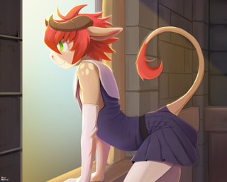 anthro armwear clothed clothed_male clothing crossdressing dress elbow_gloves femboy fully_clothed fully_clothed_male fur gloves green_eyes hair handwear horn leggings legwear looking_out_window male red_hair skinny_anthro skinny_male slim solo tail tail_tuft tan_body tan_fur tuft jarnqk benedict_(jarnqk) bovid bovine cattle mammal 2025 hi_res