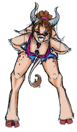 anthro bent_over biped bottomwear breasts brown_hair clothing cloven_hooves country dreadlocks female grin hair hooves horn shorts simple_background smile solo spots spread_legs spreading standing tail white_background banrai bovid caprine goat mammal satyr