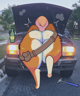 anthro belt bent_over body_hair breath butt butt_hair car car_hood fur male mechanic nub_tail orange_body orange_fur panting rear_view shaking slightly_chubby solo vehicle dragonpatches allen_the_corgi canid canine canis domestic_dog herding_dog mammal pastoral_dog welsh_corgi absurd_res hi_res