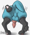 3_fingers animal_genitalia animal_penis anthro anus backsack balls bent_over black_body black_fur black_legs blue_balls blue_body blue_fur blue_perineum blue_tail butt butt_focus canine_genitalia canine_penis erection feet fingers fur genitals hand_on_butt hand_on_leg hand_on_own_butt hand_on_own_leg hand_spike knot male male_anthro multicolored_body multicolored_fur nude_anthro nude_male pawpads penis perineum pink_pawpads pink_penis presenting presenting_hindquarters rear_view shadow simple_background solo sparkles spikes spikes_(anatomy) standing tail thick_thighs toes white_background llametsul nintendo pokemon generation_4_pokemon lucario pokemon_(species) 2024 artist_name digital_media_(artwork) signature