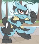 anthro biped black_body black_markings blue_body day digitigrade evergreen_tree gloves_(marking) head_tuft leg_markings looking_at_viewer male markings multicolored_body nude outside pine_tree plant seashell shell snaggle_tooth socks_(marking) solo standing tree tuft two_tone_body whiskers fuf nintendo pokemon dewott generation_4_pokemon generation_5_pokemon hybrid pokemon_(species) riolu 2019 hi_res