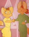 big_butt brown_hair butt clothing duo female flag fur gesture hair handshake huge_butt larger_female male military military_uniform muscular o_o orange_body orange_fur red_hair size_difference smaller_male smile uniform yellow_body yellow_fur selfdestructking canid canine fox mammal absurd_res digital_media_(artwork) hi_res meme