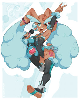 accessory anthro armwear barefoot blue_eyes blue_fluff bottomwear brown_body brown_fur camel_toe clothing cosplay crossover_cosplay electronics exposed_hips feet female fur gesture hand_gesture holding_object legwear leotard microphone miniskirt necktie pose scut_tail short_tail simple_background skindentation skirt solo tail thigh_highs v_sign wide_hips dragoumare nintendo pokemon vocaloid yamaha_corporation hatsune_miku generation_4_pokemon lopunny pokemon_(species) 4:5 absurd_res crossover hi_res pinup