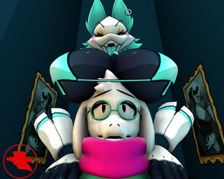 anthro big_breasts bikini breasts clothed clothing duo ear_piercing eyewear female floating_hands fur glasses hair horn machine male piercing swimwear tongue tongue_out two-piece_swimsuit white_body white_fur yellow_eyes boiboi9999 cryptiacurves_(modeler) deltarune undertale_(series) ralsei tasque_manager bovid caprine darkner felid feline goat mammal robot 3d_(artwork) digital_media_(artwork) hi_res source_filmmaker_(artwork)